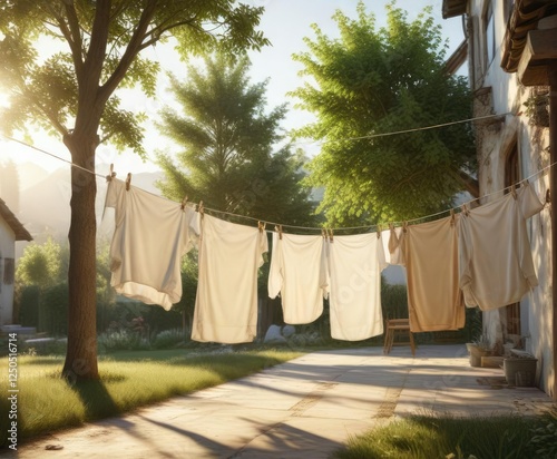 Freshly laundered clothesline drying in the warm sunlight, backyard, clothesline