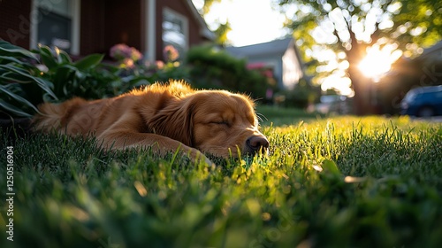 Golden Retriever sleeps in suburban yard sunset photo