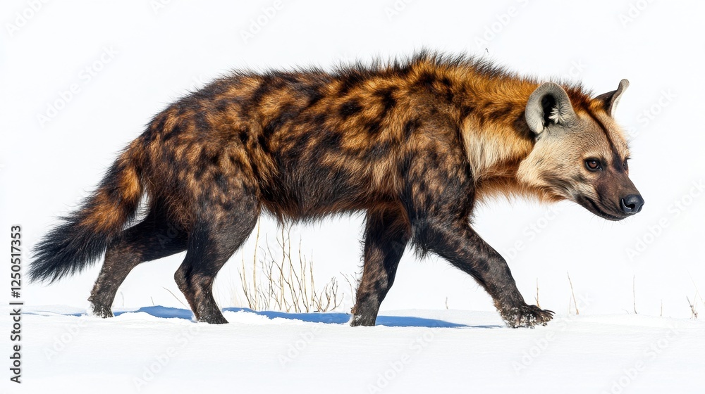 Naklejka premium Spotted Hyena Walking Gracefully Through Snowy White Landscape