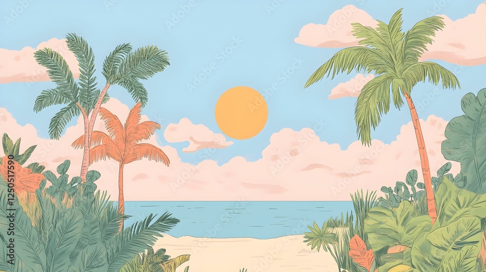 Obraz premium Tropical Paradise: Palm Trees, Lush Vegetation, and a Sunny Beach Scene Island Getaway: Palm Trees, Exotic Plants, and a Tranquil Beach with Blue Ocean