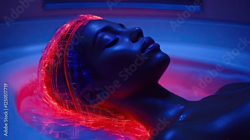 Woman Relaxing in Illuminated Floatation Tank photo