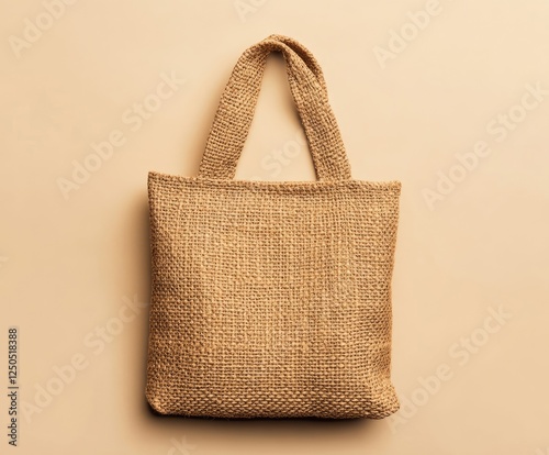 Beige jute tote bag on neutral backdrop, mockup
