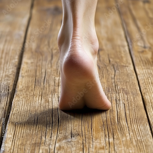Close-Up of Bare Feet Walking on Wooden Floorboards, Representing Simplicity, Comfort, and Natural Living
