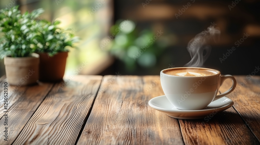 A steaming cup of coffee rests on a rustic wooden table in a cozy cafe, exuding an inviting aroma A steaming cup of coffee rests on a rustic wooden table in a cozy cafe, exuding an inviting aroma