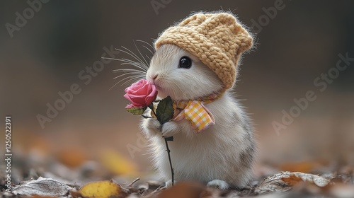 Whimsical Rodent Romance: A Sweet Mouse in a Knitted Hat and Plaid Scarf Holds a Pink Rose, Surrounded by Autumn Leaves, Bringing a Touch of Cuteness to the Day.
