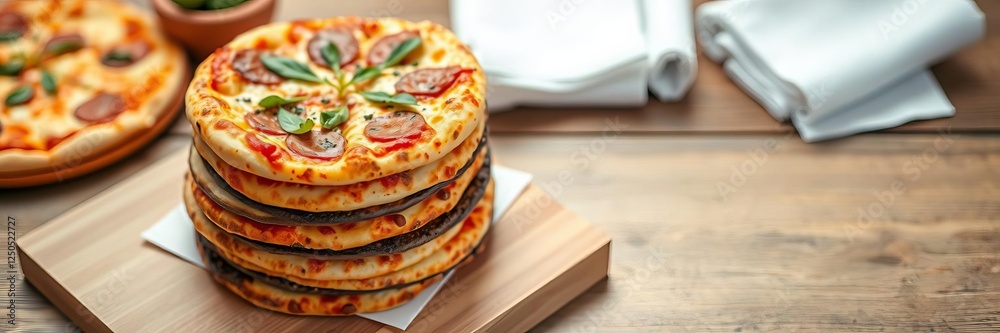 Napkin and board for pizza on wooden desk with stack of colorful dish towels on white wooden table background top view mock up selective focus, mock up, top view Napkin and board for pizza on wooden desk with stack of colorful dish towels on white wooden table background top view mock up selective focus, mock up, top view
