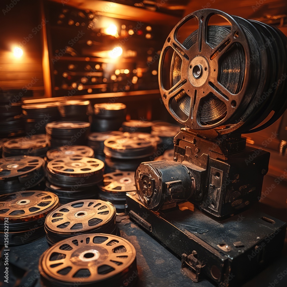 Obraz premium A collection of old-fashioned film reels and a vintage projector, with soft lighting highlighting the nostalgia
