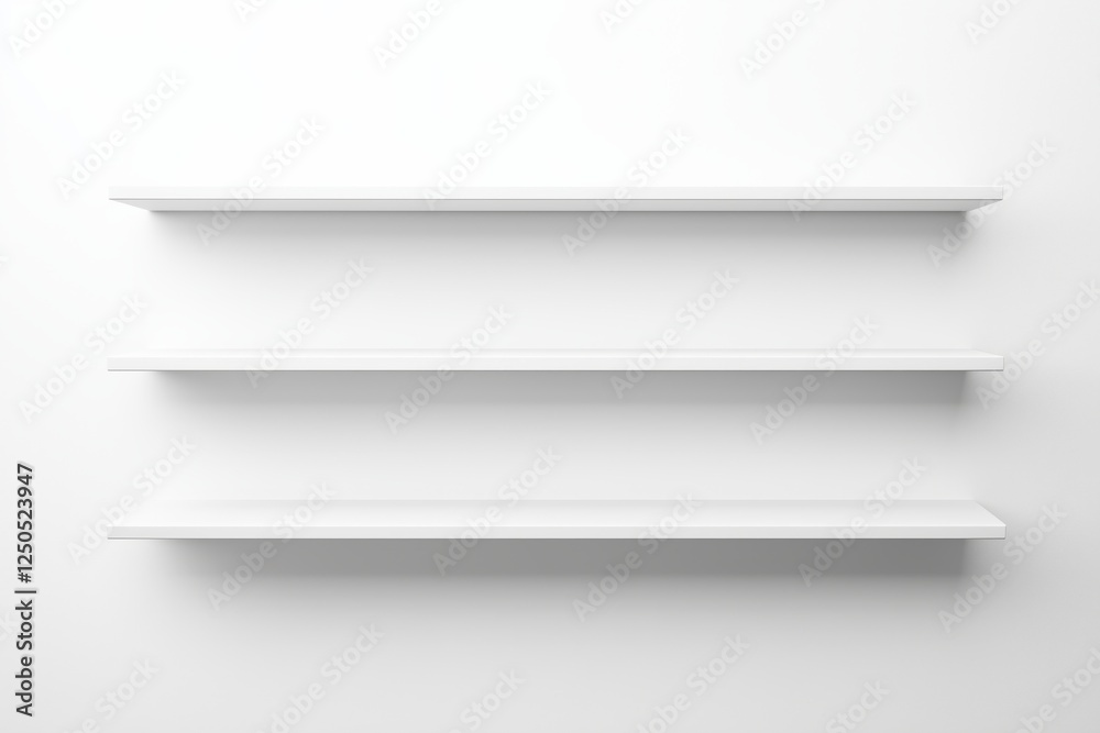 Modern minimalist white wall shelves design. Concept of interior decoration, home organization, clean and simple aesthetic. Copy space. Mockup. Empty Shelves on a White Wall Modern minimalist white wall shelves design. Concept of interior decoration, home organization, clean and simple aesthetic. Copy space. Mockup. Empty Shelves on a White Wall