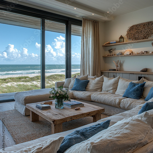 Beach house living room with ocean view, ideal for vacation rentals