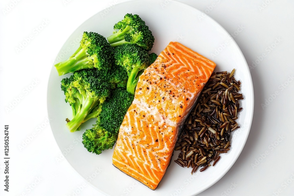 A modern and minimalist presentation of a nutritious meal, featuring grilled salmon, tender broccoli, and a portion of fluffy grains, placed on a sleek white plate with a sprinkle of fresh herbs. A modern and minimalist presentation of a nutritious meal, featuring grilled salmon, tender broccoli, and a portion of fluffy grains, placed on a sleek white plate with a sprinkle of fresh herbs.