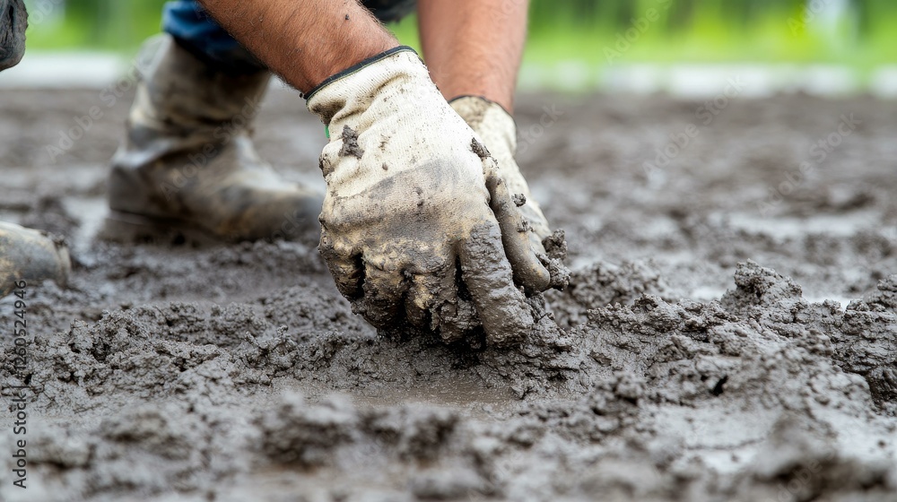 Worker preparing ground with mud and gloves Worker preparing ground with mud and gloves