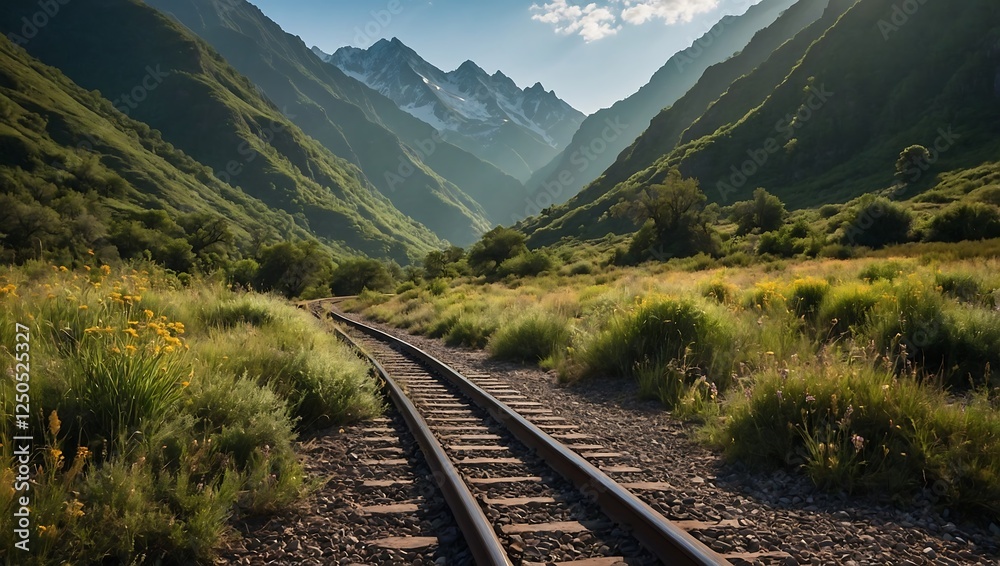 Fototapeta premium Railway track stretching through breathtaking mountains, surrounded by lush greenery and misty hills under warm golden morning light.