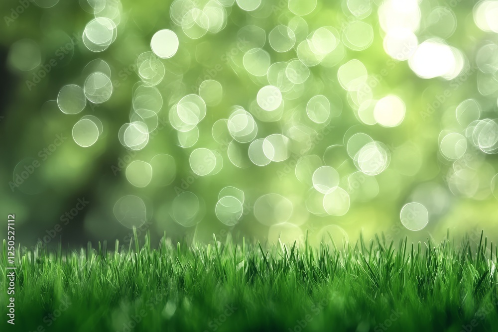 Obraz premium Fresh spring background with lush green grass and soft bokeh light, perfect for banner design and copy space. Vibrant nature concept.