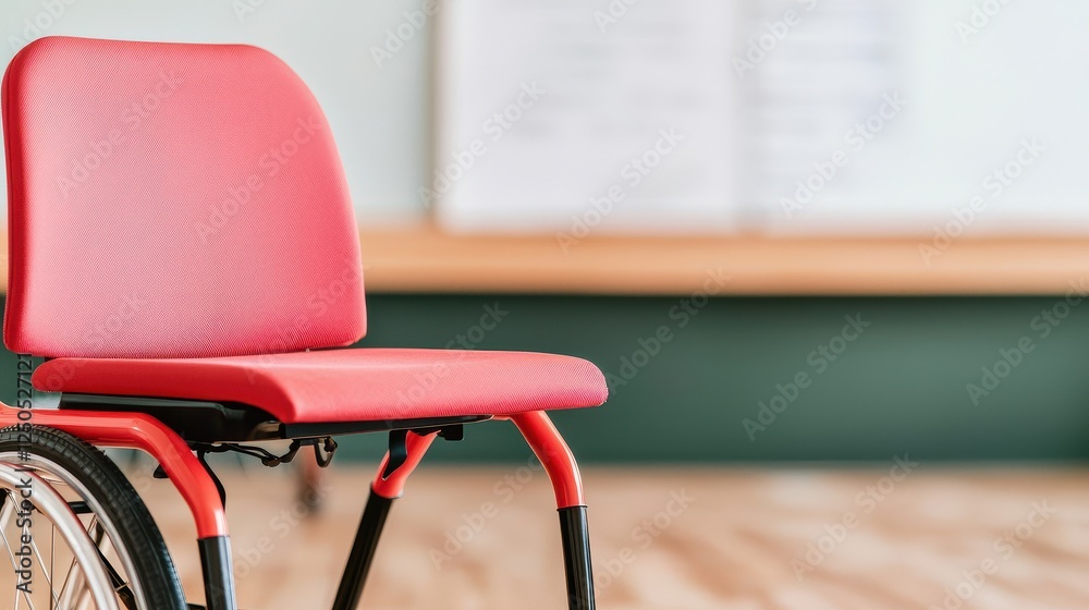 Increase Allowances for the Elderly Concept, Red Wheelchair Chair in Community Center Workshop for Navigating Accessibility Standards Increase Allowances for the Elderly Concept, Red Wheelchair Chair in Community Center Workshop for Navigating Accessibility Standards