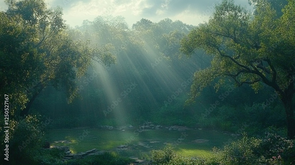 Sunbeams stream through forest, illuminating pond, misty morning Sunbeams stream through forest, illuminating pond, misty morning