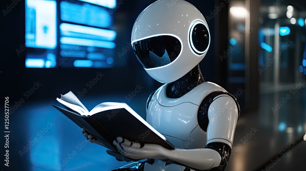 Android Reading a Book in a Futuristic Environment with Blue Lighting Android Reading a Book in a Futuristic Environment with Blue Lighting
