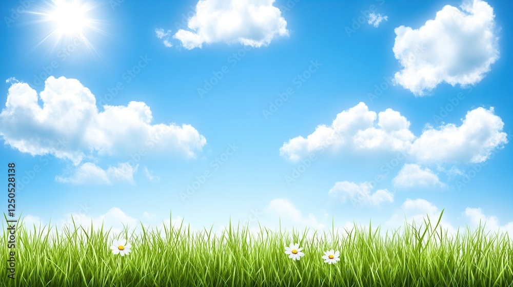 Sunny day, green grass, white daisies, blue sky, clouds, spring, nature, background, website, design Sunny day, green grass, white daisies, blue sky, clouds, spring, nature, background, website, design