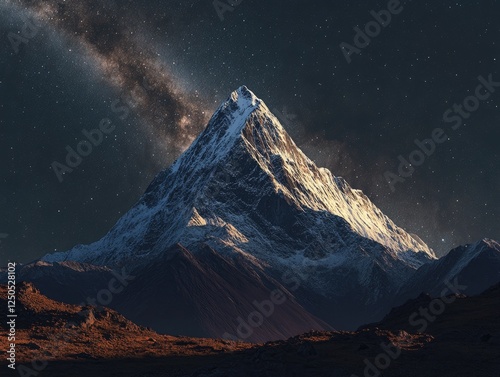 Majestic Mountain Peak Under a Starry Sky: A Nighttime Landscape