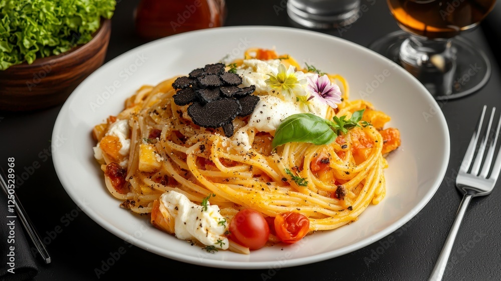 Gourmet food fine dining fusion concept. A plate of spaghetti adorned with fresh ingredients, topped with black truffles, cherry tomatoes, and herbs, served alongside a drink. Gourmet food fine dining fusion concept. A plate of spaghetti adorned with fresh ingredients, topped with black truffles, cherry tomatoes, and herbs, served alongside a drink.