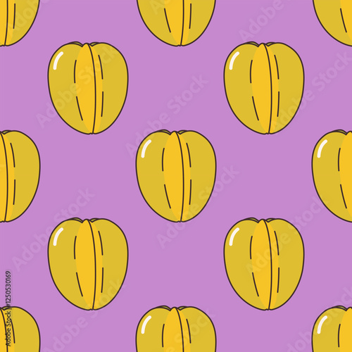 Starfruit healthy fruit seamless pattern on purple background hand-drawn doodle vector.
