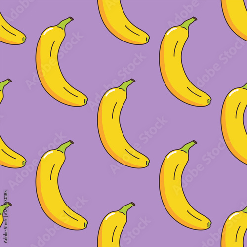 Banana healthy fruit seamless pattern on purple background hand-drawn doodle vector.