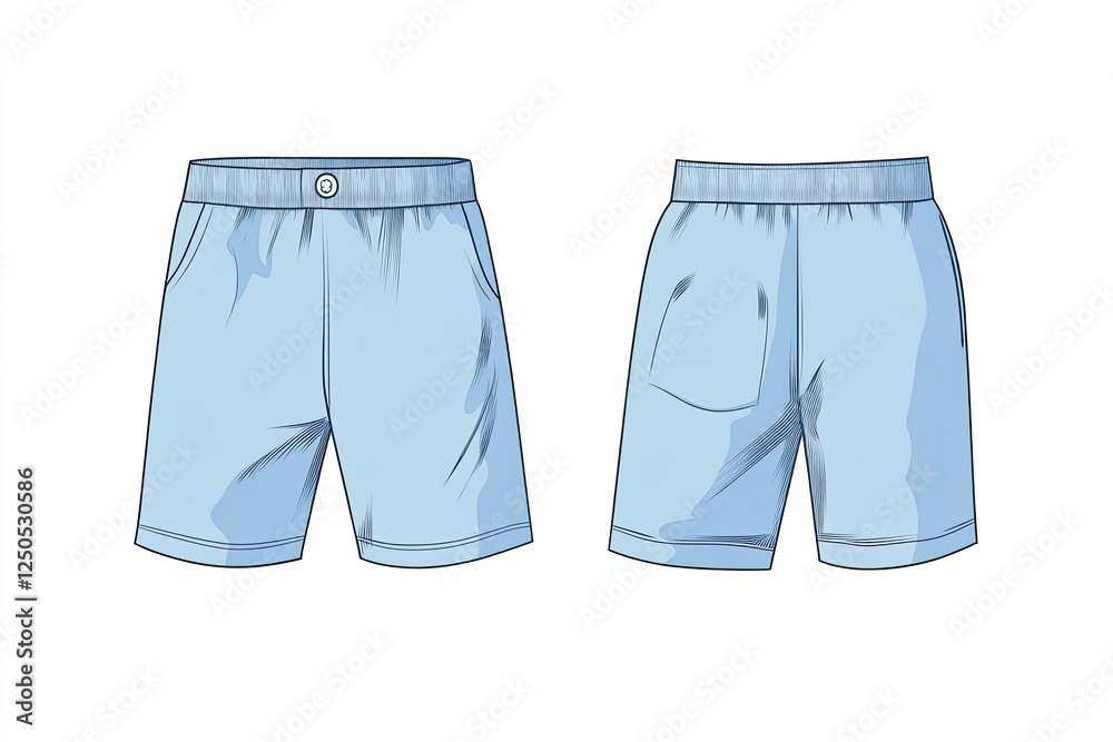 Light blue shorts, front and back view, clothing design, white background, apparel template Light blue shorts, front and back view, clothing design, white background, apparel template
