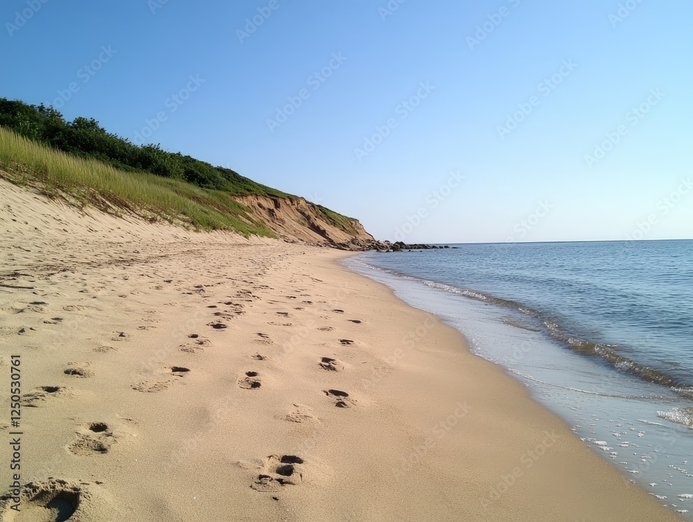 Footprints on the Beach: A serene coastal landscape with sandy shores Footprints on the Beach: A serene coastal landscape with sandy shores