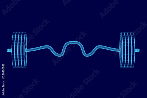 A blue image of a barbell wireframe. Concept of power and determination, as the barbell is a symbol of physical strength and endurance