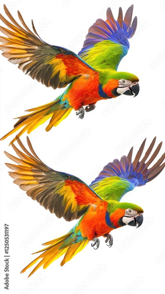 Fototapeta premium Vibrant Parrots Soaring Through the Sky with a Bright White Backdrop