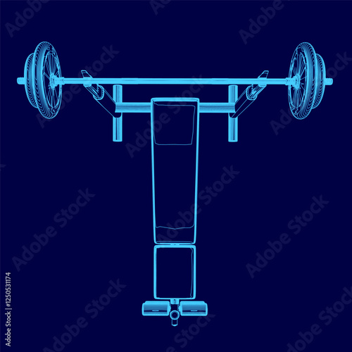 A blue drawing of a weight bench with a barbell on top of it. The bench is empty and the barbell is in the middle of the bench