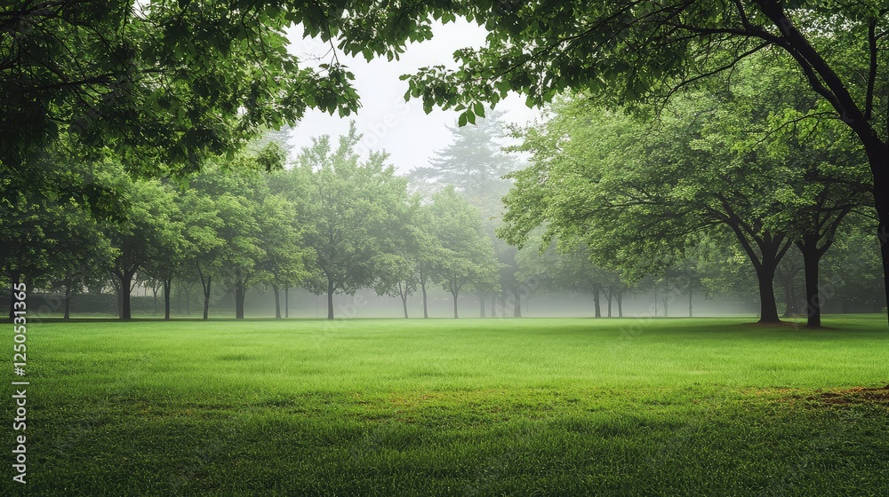 Lush Green Forest in Early Morning Fog with Dense Trees Surrounding a Serene Grassy Meadow Invoking Calm and Tranquility in a Natural Landscape Lush Green Forest in Early Morning Fog with Dense Trees Surrounding a Serene Grassy Meadow Invoking Calm and Tranquility in a Natural Landscape
