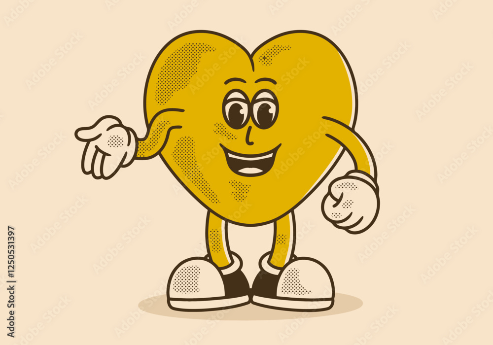 Heart love mascot character with open hand illustration. in retro vintage colors Heart love mascot character with open hand illustration. in retro vintage colors