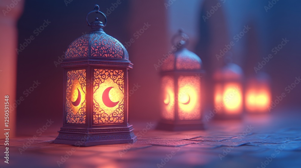 Illuminated lanterns line a mosque passage; Ramadan celebration Illuminated lanterns line a mosque passage; Ramadan celebration