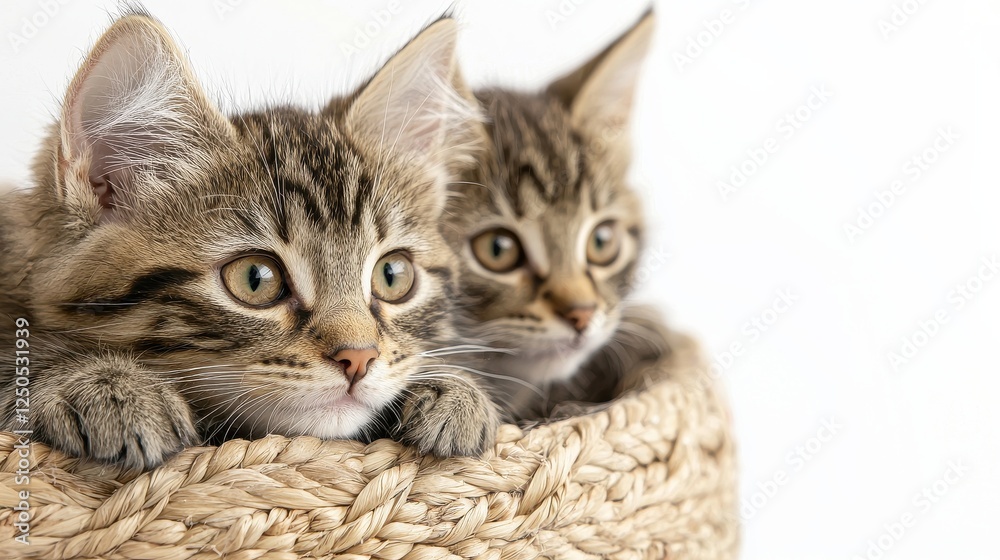 Naklejka premium Two adorable tabby kittens peek out from a woven basket, showcasing their curious expressions and soft fur against a light background.
