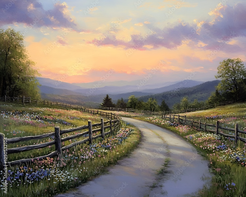 Naklejka premium A country road flanked by wooden fences and patches of wildflowers under a soft morning sky