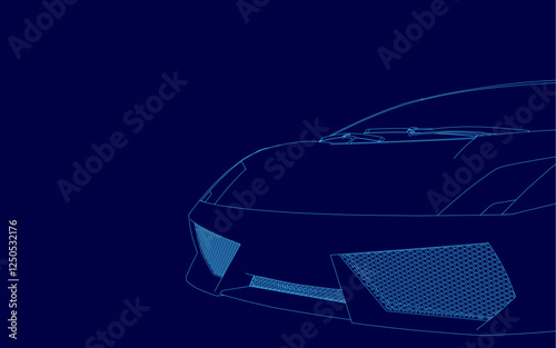 A car is shown in a blue background with a futuristic look. The car is shown in a very stylized way, with a lot of detail