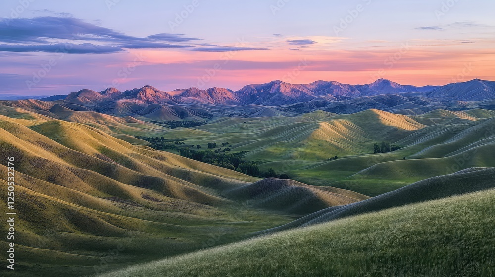 Serene Landscape of Rolling Green Hills Under a Colorful Twilight Sky with Distant Mountain Ranges and Gentle Light Playing Across the Valleys Serene Landscape of Rolling Green Hills Under a Colorful Twilight Sky with Distant Mountain Ranges and Gentle Light Playing Across the Valleys