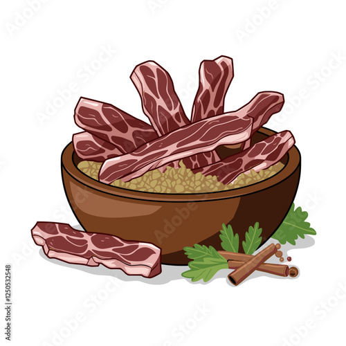 Beef Jerky with Herbs and Spices in a Wooden Bowl