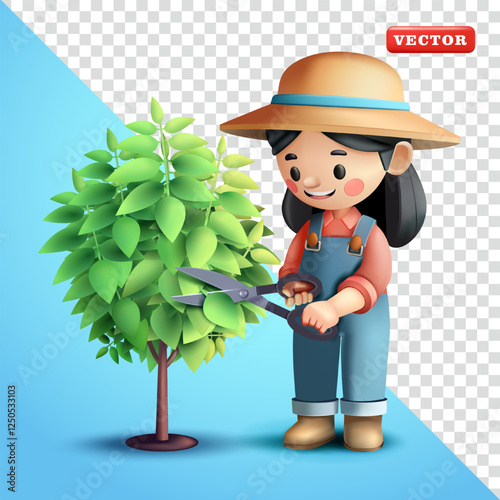 Woman Farmer cutting plants, 3d vector. Suitable for plantations, livestock and agriculture