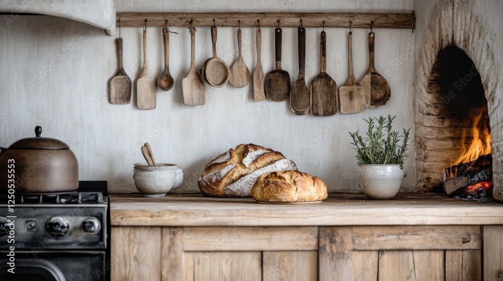 Rustic kitchen filled with handmade utensils and freshly baked bread near a warm hearth Rustic kitchen filled with handmade utensils and freshly baked bread near a warm hearth