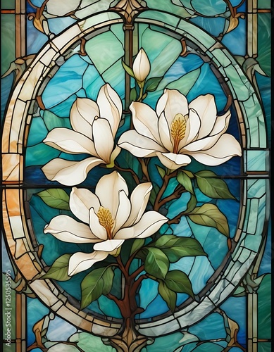 Stained Glass Magnolia Blossoms Teal Background Oval Frame