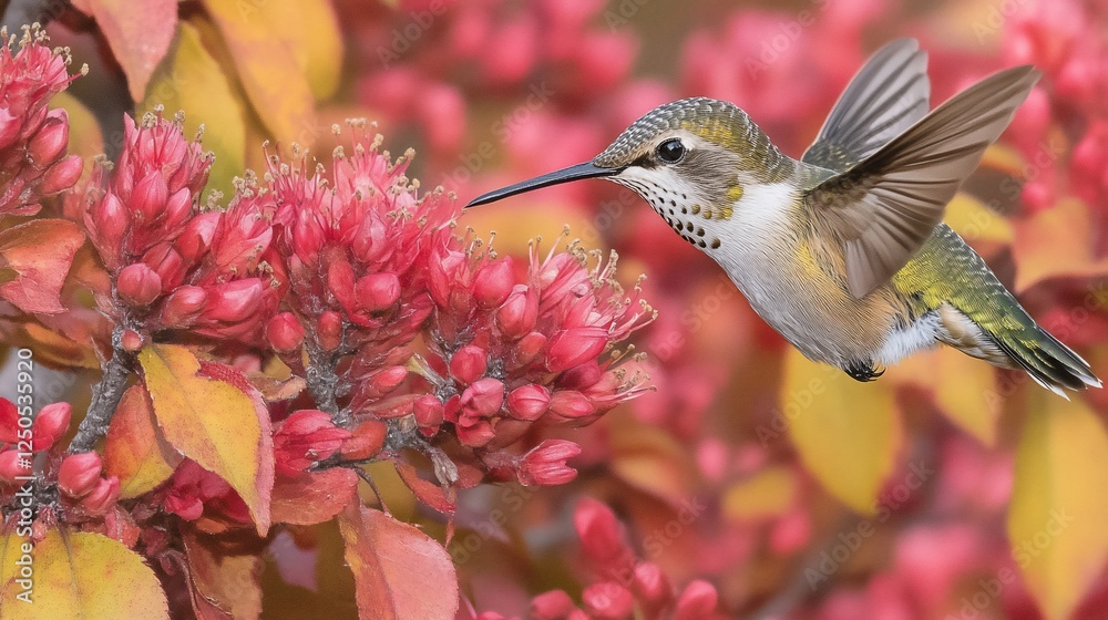 Fototapeta premium Hummingbird feeding, autumn flowers, garden, blur