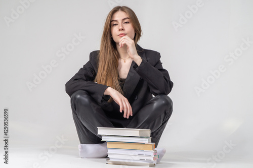 Pretty young girl in jacket sitting on floor with stack of books on white background