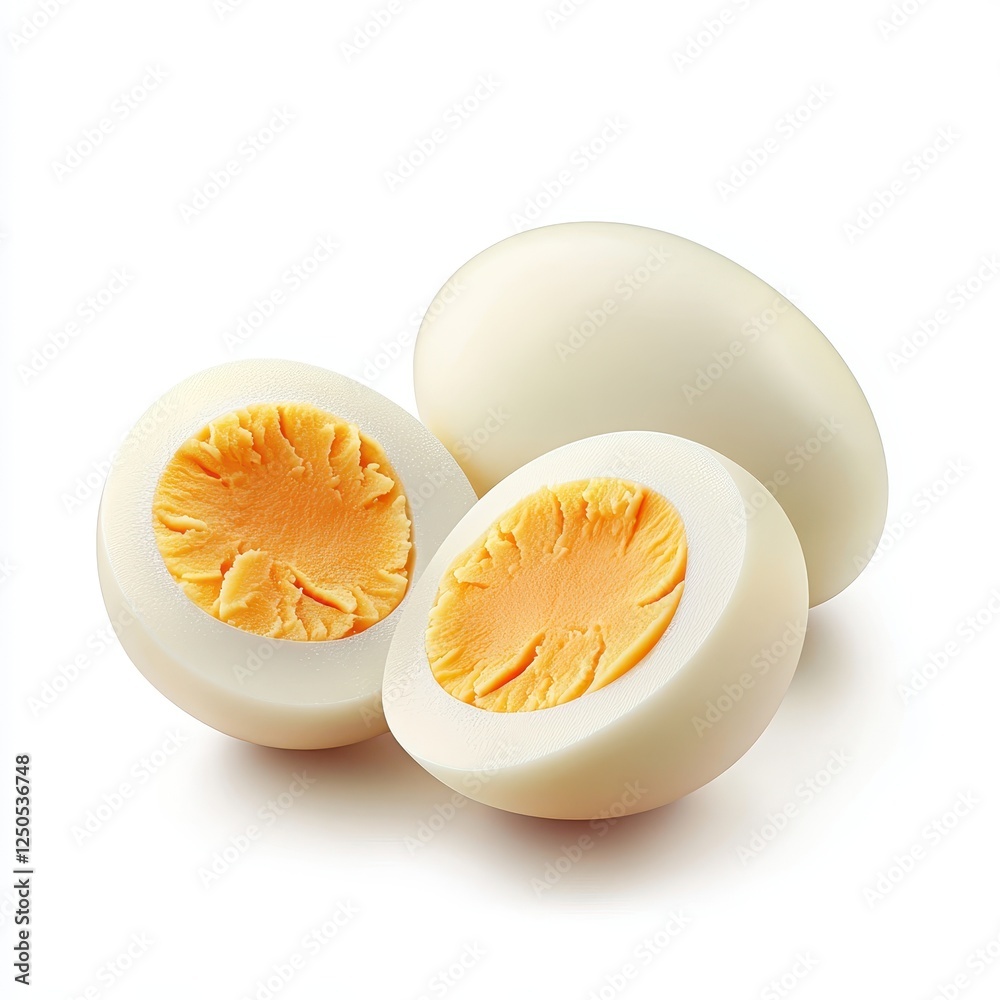 Two halves and one whole hard-boiled egg. Two halves and one whole hard-boiled egg.