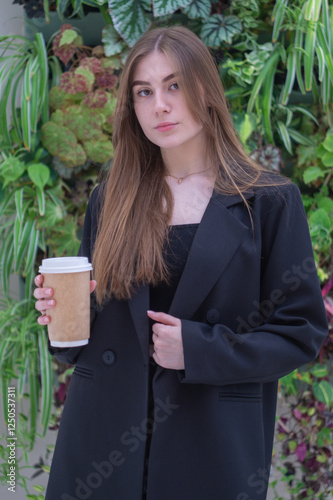 Pretty young girl with a cup of coffee against the background of a green hedge photo