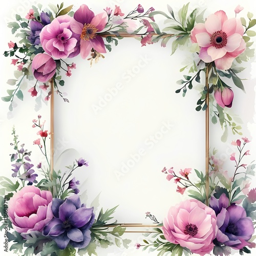 A delicate floral frame adorned with vibrant blossoms and lush greenery in soft hues