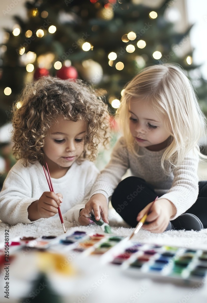 Fototapeta premium Two Children Painting Together at Christmas