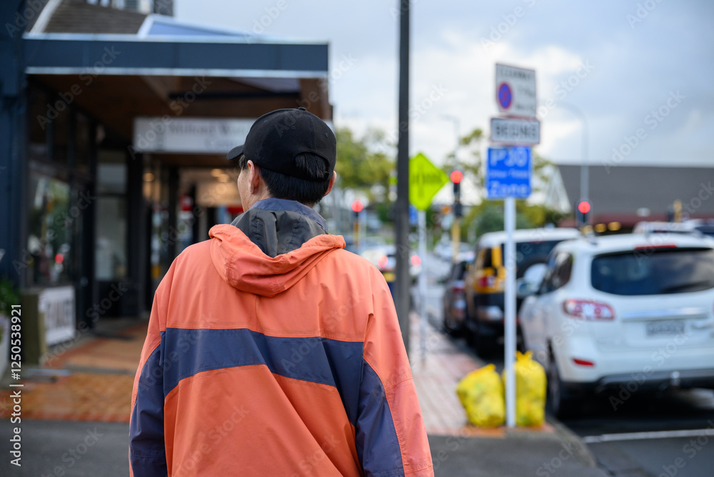 Man in orange raincoat walking on the pedestrian walkway of a busy city street. Auckland.