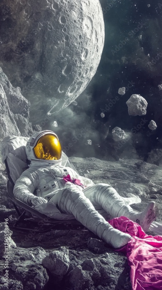 Obraz premium An astronaut lounging on the moon amidst an otherworldly environment, embodying peace and isolation while surrounded by celestial wonders and striking visuals for a stylish retreat.