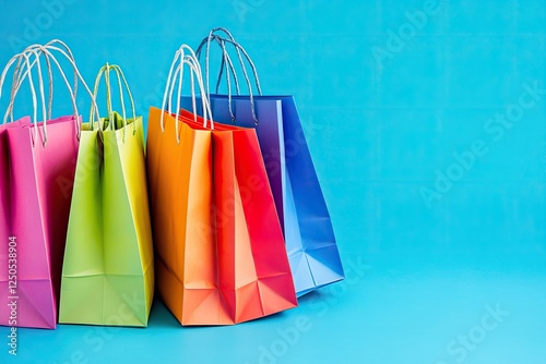 Colorful paper shopping bags and a cart on a light blue background, top view. 
